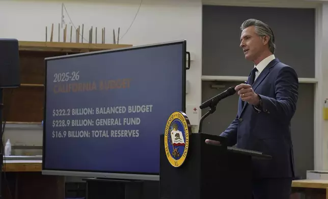 California Gov. Gavin Newsom delivers a briefing of his proposed 2025-26 state budget at California State University, Stanislaus, in Turlock, Calif., Monday, Jan. 6, 2025, (AP Photo/Rich Pedroncelli).