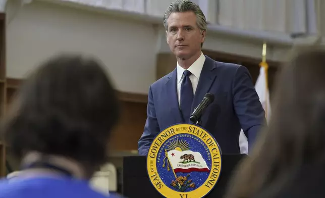 California Gov. Gavin Newsom listens to a reporter's question as he outlines his proposed 2025-2 $322 billion state budget during a news conference at California State University, Stanislaus in Turlock, Calif., Monday, Jan. 6, 2025. (AP Photo/Rich Pedroncelli)