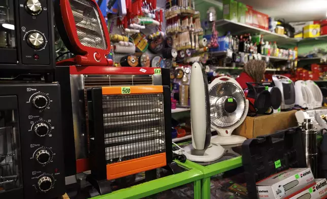 Electrical heaters on display in a village shop in Copanca, Moldova, Wednesday, Jan. 8, 2025. (AP Photo)