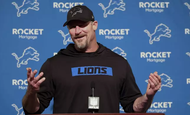 Detroit Lions head coach Dan Campbell answers questions after an NFL football game against the San Francisco 49ers, Monday, Dec. 30, 2024, in Santa Clara, Calif. (AP Photo/Jed Jacobsohn)