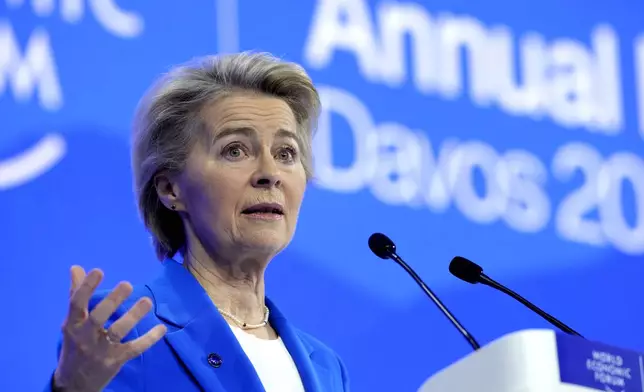 Ursula von der Leyen, President of the European Commission, speaks at the Annual Meeting of World Economic Forum in Davos, Switzerland, Tuesday, Jan. 21, 2025. (AP Photo/Markus Schreiber)