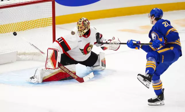 Buffalo Sabres' Jack Quinn (22) scores a goal on Ottawa Senators goalie Anton Forsberg (31) during first period NHL hockey action in Ottawa on Thursday, Jan. 9, 2025. (Sean Kilpatrick/The Canadian Press via AP)