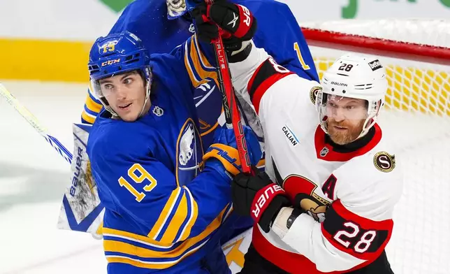 Buffalo Sabres' Peyton Krebs (19) holds off Ottawa Senators' Claude Giroux (28) during third-period NHL hockey game action in Ottawa, Ontario, Thursday, Jan. 9, 2025. (Sean Kilpatrick/The Canadian Press via AP)