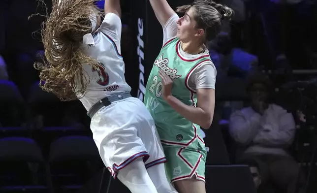 Laces guard Kate Martin (20) defends as Vinyl guard Jordin Canada (3) shoots during the first half of an Unrivaled 3-on-3 basketball game Friday, Jan. 24, 2025, in Medley, Fla. (AP Photo/Lynne Sladky)