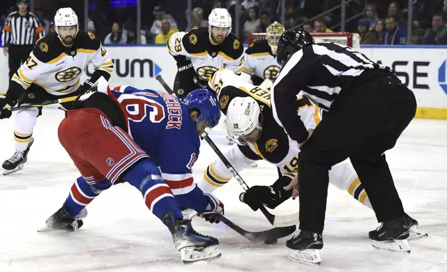 New York Rangers' Vincent Trocheck, left, and Boston Bruins' Johnny Beecher, right, face off during the first period of an NHL hockey game Thursday, Jan. 2, 2025, in New York. (AP Photo/Pamela Smith)