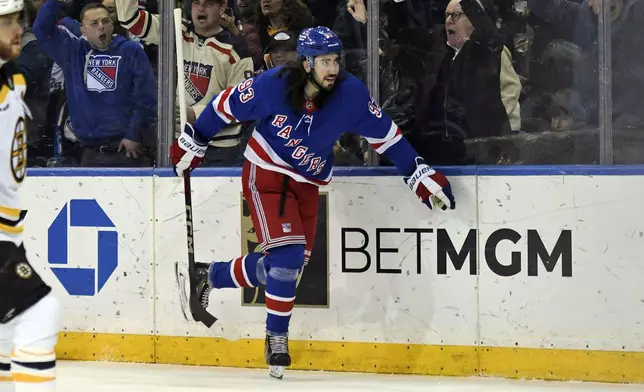 New York Rangers' Mika Zibanejad reacts after scoring during the first period of an NHL hockey game against the Boston Bruins Thursday, Jan. 2, 2025, in New York. (AP Photo/Pamela Smith)