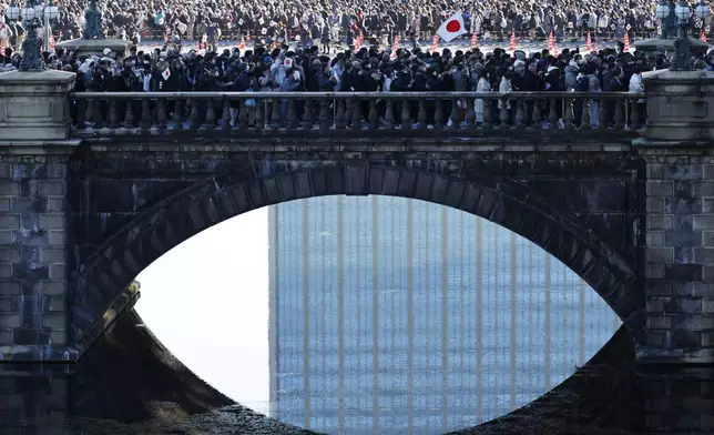 Well-wishers attend a public appearance for the new year's celebrations at the Imperial Palace in Tokyo, Thursday, Jan. 2, 2025. (Kim Kyung-Hoon/Pool Photo via AP)