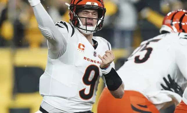 Cincinnati Bengals quarterback Joe Burrow (9) throws a pass during the first half of an NFL football against the Pittsburgh Steelers game in Pittsburgh, Saturday, Jan. 4, 2025. (AP Photo/Matt Freed)