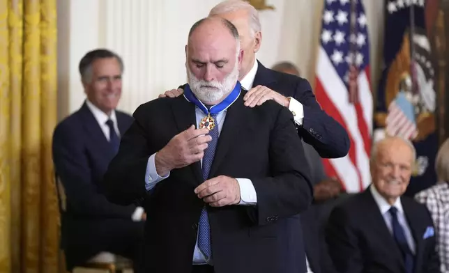 President Joe Biden presents the Presidential Medal of Freedom, the Nation's highest civilian honor, to Jose Andres in the East Room of the White House, Saturday, Jan. 4, 2025, in Washington. (AP Photo/Manuel Balce Ceneta)