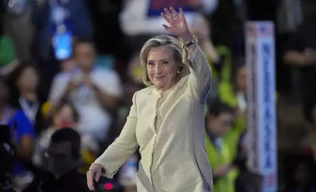 FILE - Hillary Clinton speaks during the Democratic National Convention Monday, Aug. 19, 2024, in Chicago. (AP Photo/Charles Rex Arbogast, File)