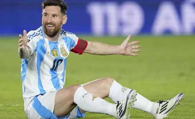 FILE - Argentina's Lionel Messi reacts during a qualifying soccer match for the FIFA World Cup 2026 against Paraguay in Asuncion, Paraguay, Thursday, Nov. 14, 2024. (AP Photo/Jorge Saenz, File)