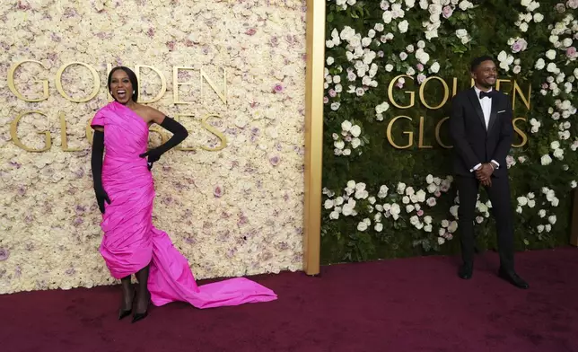 Kerry Washington, left, and Nnamdi Asomugha arrive at the 82nd Golden Globes on Sunday, Jan. 5, 2025, at the Beverly Hilton in Beverly Hills, Calif. (Photo by Jordan Strauss/Invision/AP)