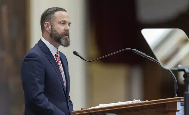 Texas state Rep. Dustin Burrows, R-Lubbock, addresses the members after being named speaker of the house during opening day of the 89th Texas Legislative Session in Austin, Texas, Tuesday, Jan. 14, 2025. (AP Photo/Stephen Spillman)