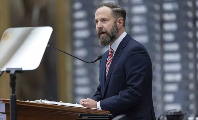 Texas state Rep. Dustin Burrows, R-Lubbock, addresses the members after being named speaker of the house during opening day of the 89th Texas Legislative Session in Austin, Texas, Tuesday, Jan. 14, 2025. (AP Photo/Stephen Spillman)