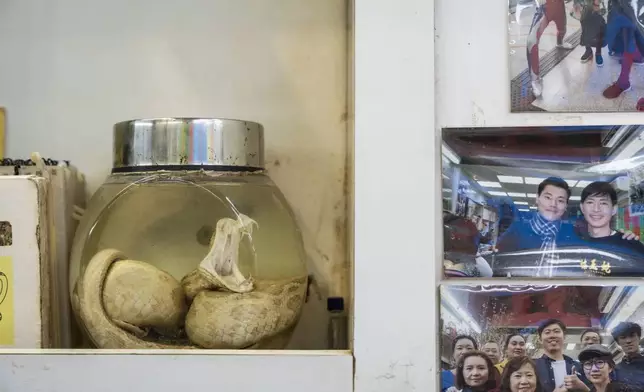 A jar of snake-infused liquor is displayed the family-run snake soup restaurant in Hong Kong, Monday, Jan. 6, 2025. (AP Photo/Chan Long Hei)