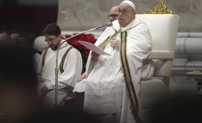 Pope Francis delivers his speech as he presides over an Epiphany mass in St.Peter's Basilica, at the Vatican, Monday, Jan. 6, 2025. (AP Photo/Alessandra Tarantino)