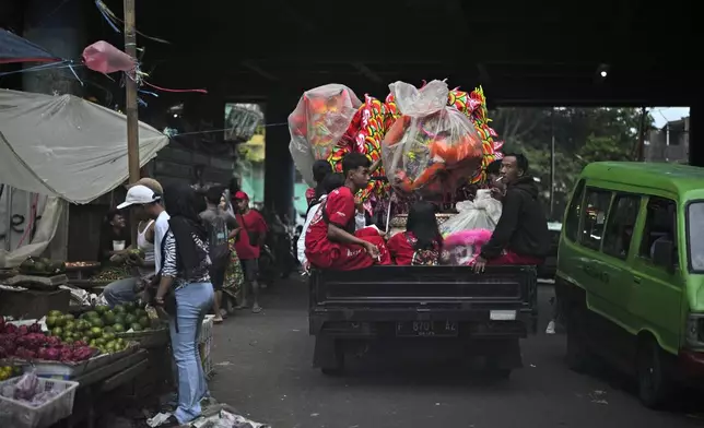 Members of dragon dance club Naga Merah Putih (Red White Dragon) sit on the back of a truck as they leave for a shopping mall to perform in a Lunar New Year celebration, in Bogor, West Java, Indonesia, Sunday, Jan. 26, 2025. (AP Photo/Dita Alangkara)