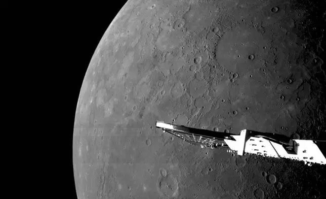 This image provided by European Space Agency shows close-up photos of Mercury showing northern plains taken by the European-Japanese spacecraft BepiColombo. (European Space Agency via AP)