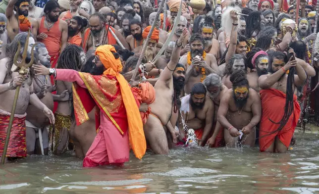 Hindu ascetics and holy men immerse an idol before bathing at the confluence of the Ganges, the Yamuna and the mythical Saraswati rivers on the second day of the 45-day-long Maha Kumbh festival in Prayagraj, India, Tuesday, Jan. 14, 2025. (AP Photo/Ashwini Bhatia)