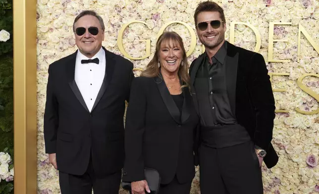 Glen Powell Sr., from left, Cyndy Powell, and Glen Powell arrive at the 82nd Golden Globes on Sunday, Jan. 5, 2025, at the Beverly Hilton in Beverly Hills, Calif. (Photo by Jordan Strauss/Invision/AP)