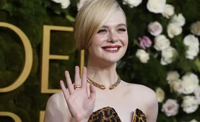 Elle Fanning arrives at the 82nd Golden Globes on Sunday, Jan. 5, 2025, at the Beverly Hilton in Beverly Hills, Calif. (Photo by Jordan Strauss/Invision/AP)