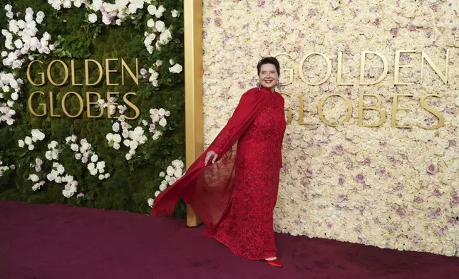 Isabella Rossellini arrives at the 82nd Golden Globes on Sunday, Jan. 5, 2025, at the Beverly Hilton in Beverly Hills, Calif. (Photo by Jordan Strauss/Invision/AP)