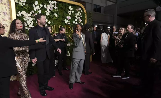 Yelena Yemchuk, from left, Ebon Moss-Bachrach, Jazz Charton, Kieran Culkin, and Ayo Edebiri, arrive at the 82nd Golden Globes on Sunday, Jan. 5, 2025, at the Beverly Hilton in Beverly Hills, Calif. (Photo by Jordan Strauss/Invision/AP)