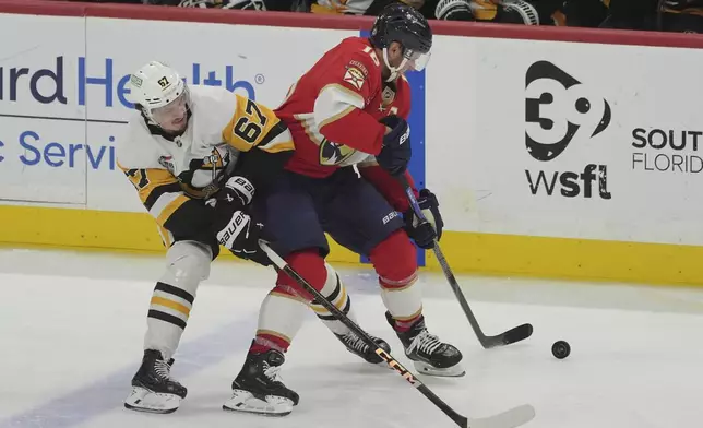 Pittsburgh Penguins right wing Rickard Rakell (67) defends Florida Panthers center Aleksander Barkov (16) during the second period of an NHL hockey game, Friday, Jan. 3, 2025, in Sunrise, Fla. (AP Photo/Marta Lavandier)