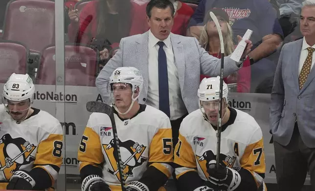 Pittsburgh Penguins head coach Mike Sullivan gestures during the first period of an NHL hockey game against the Florida Panthers, Friday, Jan. 3, 2025, in Sunrise, Fla. (AP Photo/Marta Lavandier)