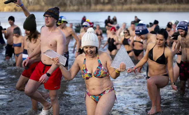 People take a dip in the icy Tisza Lake near Tiszafured, Hungary, to celebrate the New Year on Saturday, Jan. 4, 2025. (AP Photo/Denes Erdos)