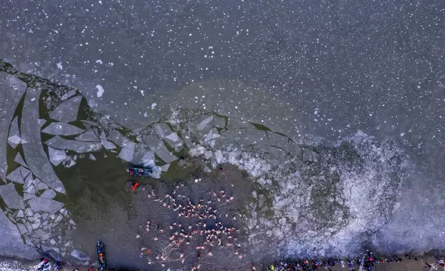 An aerial photograph taken by a drone shows participants of the event "Icy Bath, New Year Splash" as they bathe in the icy water of Lake Tisza in Tiszafured, Hungary, Saturday, Jan. 4, 2025. (Zsolt Czegledi/MTI via AP)