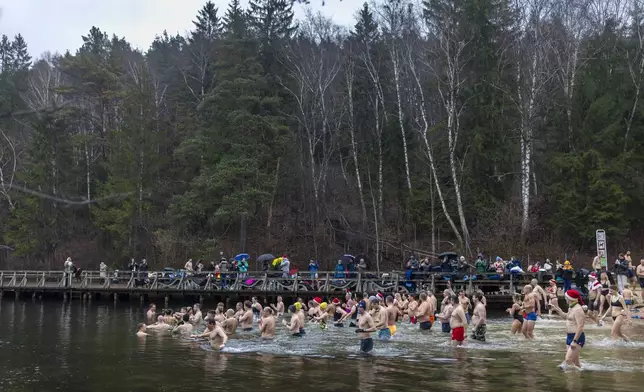 Swimmers enter the water during the traditional New Year's Dive in a lake near Vilnius, Lithuania, Wednesday, Jan. 1, 2025. (AP Photo/Mindaugas Kulbis)