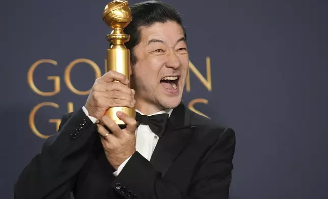 Tadanobu Asano poses in the press room with the award for best performance by a male actor in a supporting role on television for "Shogun" during the 82nd Golden Globes on Sunday, Jan. 5, 2025, at the Beverly Hilton in Beverly Hills, Calif. (AP Photo/Chris Pizzello)