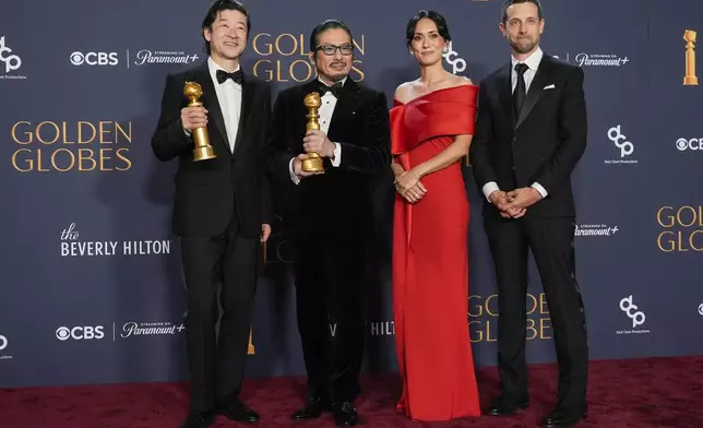 Tadanobu Asano, from left, Hiroyuki Sanada, Rachel Kondo and Justin Marks pose in the press room with the award for best television series - drama for "Shogun" during the 82nd Golden Globes on Sunday, Jan. 5, 2025, at the Beverly Hilton in Beverly Hills, Calif. (AP Photo/Chris Pizzello)