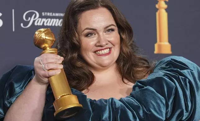 Jessica Gunning poses in the press room with the award for best performance by a female actor in a supporting role on television for “Baby Reindeer” during the 82nd Golden Globes on Sunday, Jan. 5, 2025, at the Beverly Hilton in Beverly Hills, Calif. (AP Photo/Chris Pizzello)