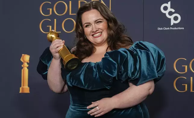 Jessica Gunning poses in the press room with the award for best performance by a female actor in a supporting role on television for "Baby Reindeer" during the 82nd Golden Globes on Sunday, Jan. 5, 2025, at the Beverly Hilton in Beverly Hills, Calif. (AP Photo/Chris Pizzello)