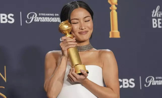 Anna Sawai poses in the press room with the award for best performance by a female actor in a television series - drama for "Shogun" during the 82nd Golden Globes on Sunday, Jan. 5, 2025, at the Beverly Hilton in Beverly Hills, Calif. (AP Photo/Chris Pizzello)