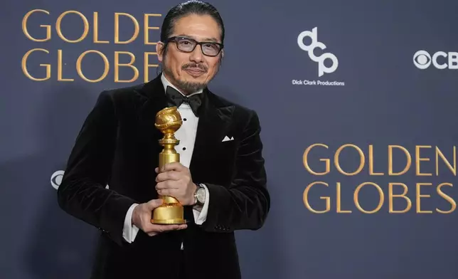 Hiroyuki Sanada poses in the press room with the award for best performance by an actor in a television series - drama for "Shogun" during the 82nd Golden Globes on Sunday, Jan. 5, 2025, at the Beverly Hilton in Beverly Hills, Calif. (AP Photo/Chris Pizzello)