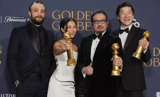 Cosmo Jarvis, from left, Anna Sawai, Hiroyuki Sanada, and Tadanobu Asano pose in the press room with the award for best television series - drama for "Shogun" during the 82nd Golden Globes on Sunday, Jan. 5, 2025, at the Beverly Hilton in Beverly Hills, Calif. (AP Photo/Chris Pizzello)