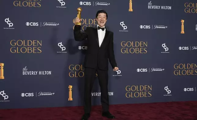 Tadanobu Asano poses in the press room with the award for best performance by a male actor in a supporting role on television for "Shogun" during the 82nd Golden Globes on Sunday, Jan. 5, 2025, at the Beverly Hilton in Beverly Hills, Calif. (AP Photo/Chris Pizzello)