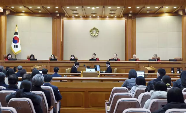 South Korea's Constitutional Court's judges, from left, Chung Kye-sun, Kim Bok-hyeong, Jung Jung-mi, Lee Mi-son, acting Chief Justice Moon Hyung-bae, Kim Hyung-du, Cheong Hyung-sik and Cho Han-chang sit for the first formal hearing of a trial on the validity of President Yoon Suk Yeol's impeachment by the National Assembly at the constitutional court of Korea in Seoul, South Korea, Tuesday, Jan. 14, 2025. (Kim Min-Hee/Pool Photo via AP)