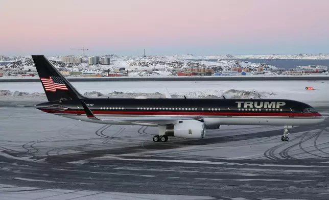 A plane carrying Donald Trump Jr. lands in Nuuk, Greenland, Tuesday, Jan. 7, 2025. (Emil Stach/Ritzau Scanpix via AP)