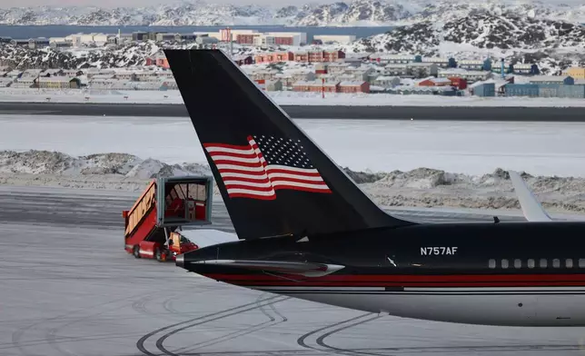 A plane carrying Donald Trump Jr. lands in Nuuk, Greenland, Tuesday, Jan. 7, 2025. (Emil Stach/Ritzau Scanpix via AP)