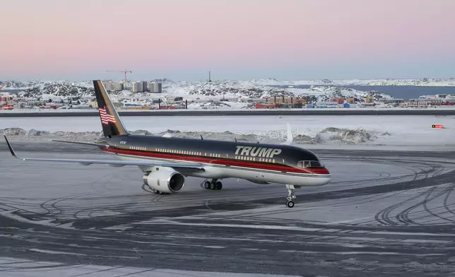 A plane carrying Donald Trump Jr. lands in Nuuk, Greenland, Tuesday, Jan. 7, 2025. (Emil Stach/Ritzau Scanpix via AP)