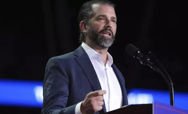 FILE - Donald Trump Jr., speaks at a campaign rally, Nov. 5, 2024, in Grand Rapids, Mich. (AP Photo/Evan Vucci, File)