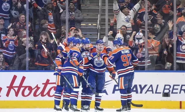 Edmonton Oilers celebrate after a goal against the Anaheim Ducks during third-period NHL hockey game action in Edmonton, Alberta, Friday, Jan. 3, 2025. (Jason Franson/The Canadian Press via AP)