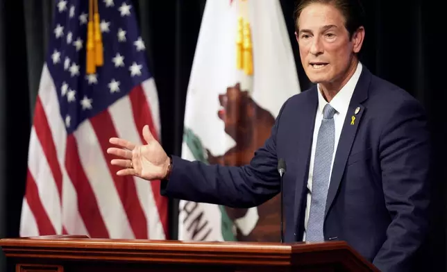 Los Angeles County District Attorney Nathan Hochman talks about the resentencing of Erik and Lyle Menendez for the murders of their parents decades ago during a news conference in downtown Los Angeles, Friday, Jan. 3, 2025. (AP Photo/Damian Dovarganes)