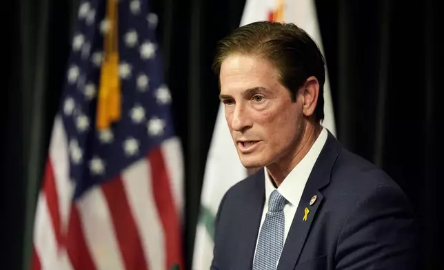 Los Angeles County District Attorney Nathan Hochman talks about the resentencing of Erik and Lyle Menendez for the murders of their parents decades ago during a news conference in downtown Los Angeles, Friday, Jan. 3, 2025. (AP Photo/Damian Dovarganes)