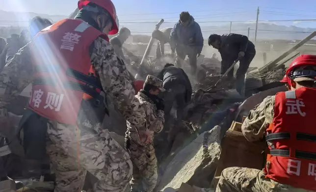 In this photo released by Xinhua News Agency, rescue workers conduct search and rescue for survivors in the aftermath of an earthquake in Changsuo Township of Dingri in Xigaze, southwestern China's Tibet Autonomous Region on Tuesday, Jan. 7, 2025. (Liu Yousheng/Xinhua via AP)