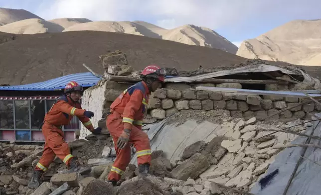 In this photo released by Xinhua News Agency, rescue workers conduct search and rescue for survivors in the aftermath of an earthquake in Changsuo Township of Dingri in Xigaze, southwestern China's Tibet Autonomous Region on Tuesday, Jan. 7, 2025. (Jigme Dorje/Xinhua via AP)